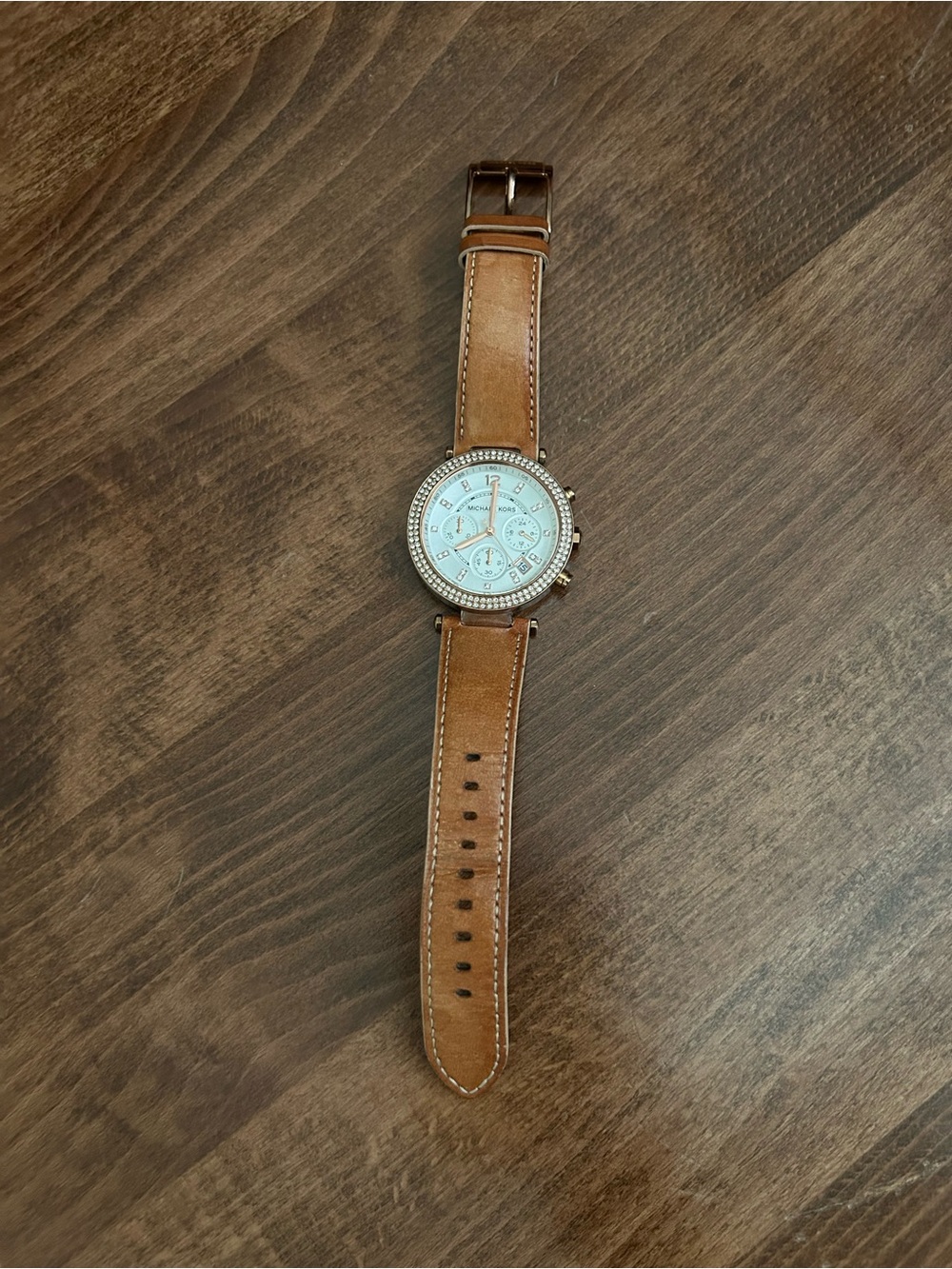 Michael Kors Crystal Bezel Chronograph Watch with Brown Leather Strap